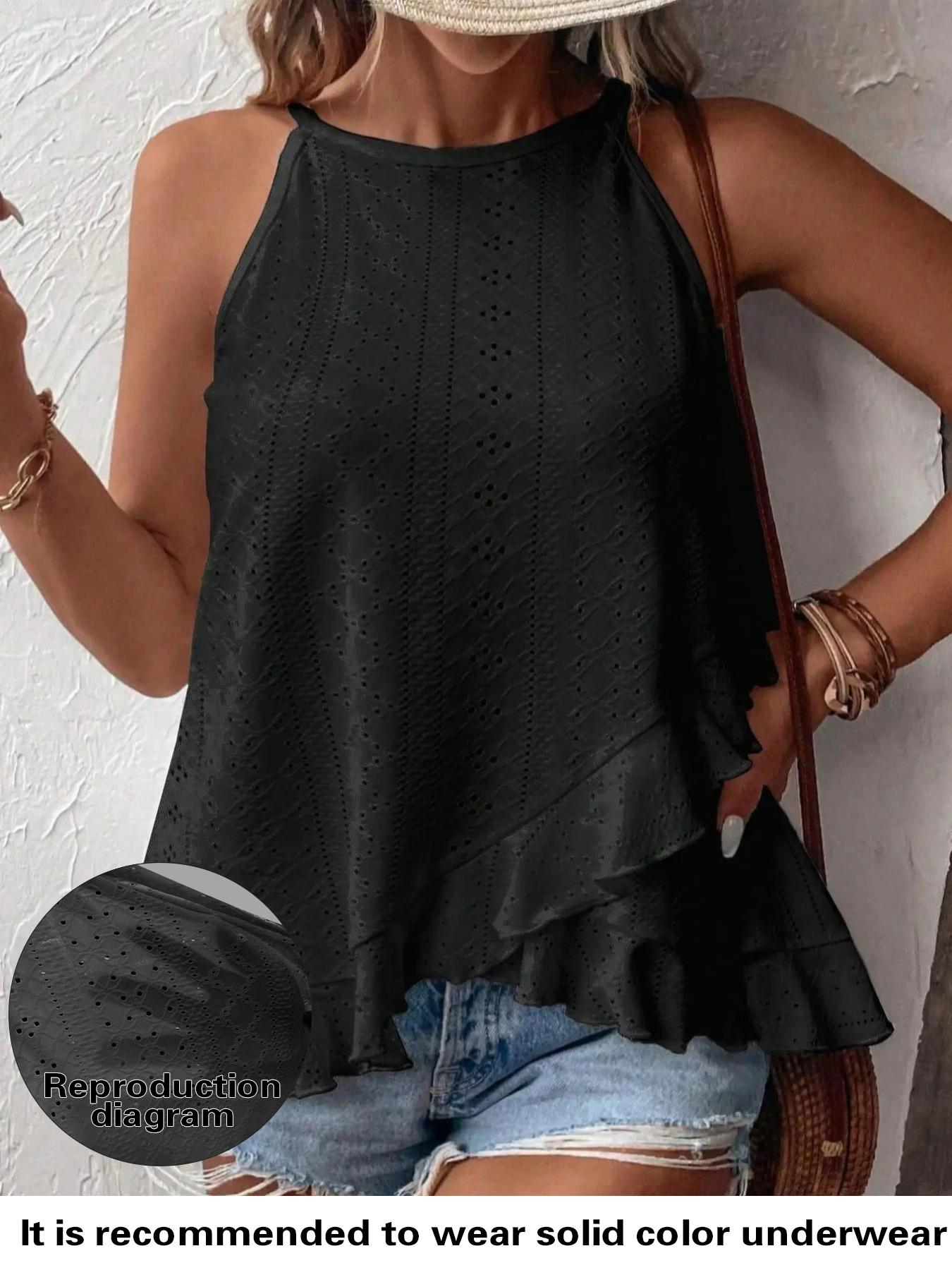 【Plus Size】 Solid Color Eyelet Embroidery Cami Top, Casual Elegant Sleeveless Knit Top for Daily Wear, Women Plus Clothing for All Seasons
