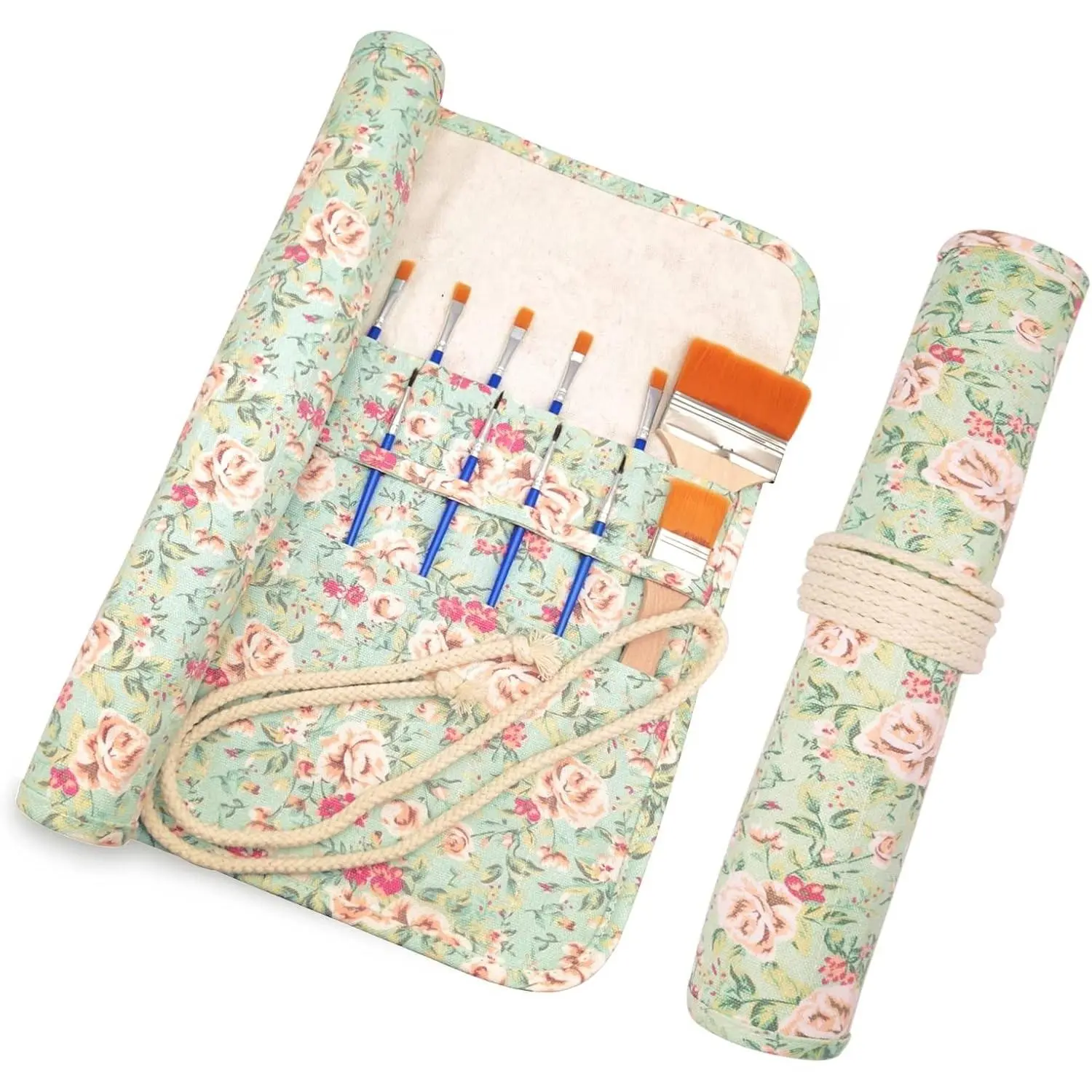 Paint Brush Holder Art Supplies, Artist Brush Holder & Storage Organizer Roll-Up Case Bag, Protect Acrylic Oil Watercolor Paintbrushes (Pink Rose 20 Slot Pockets)