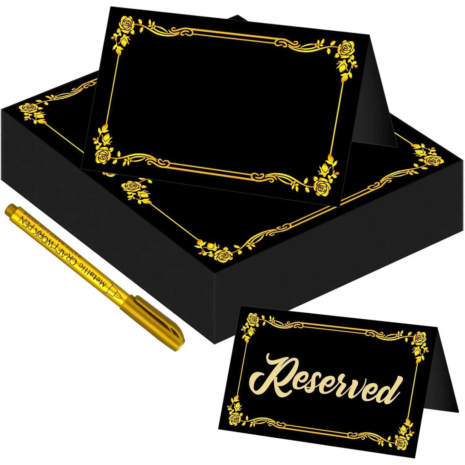 200 Pcs Black Place Cards and Gold Pen for Weddings Name Cards with Gold Foil Border for Table Setting Folded Table Tents Sign for Buffet Banquet Parties Events Celebrations