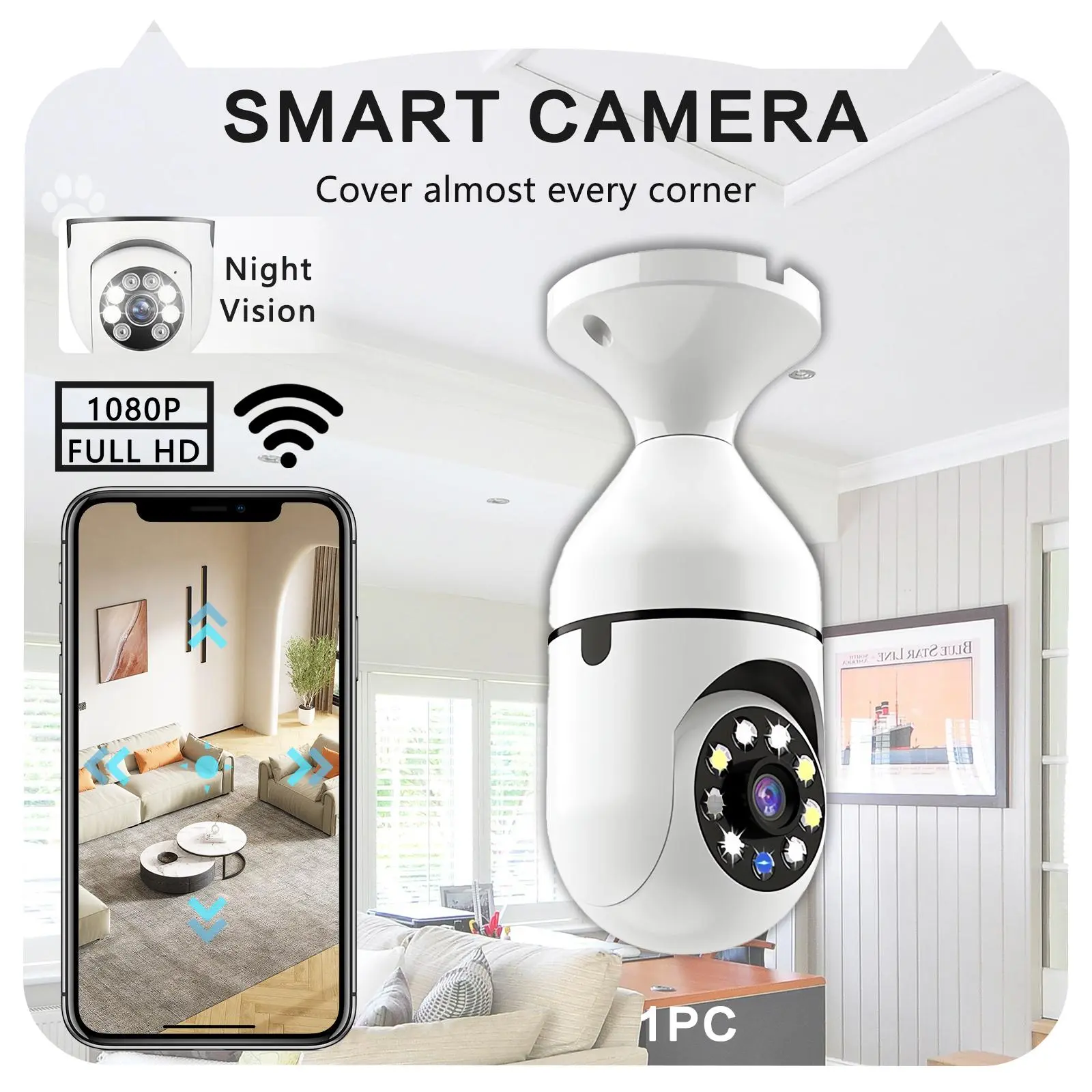 Light Bulb Security Camera Outdoor 2packs HD Wireless 5GHz/2.4GHz WiFi Home IP Cameras E27 360 Degree Panoramic,Motion Detection and Alarm,Two-Way Audio,Night Vision