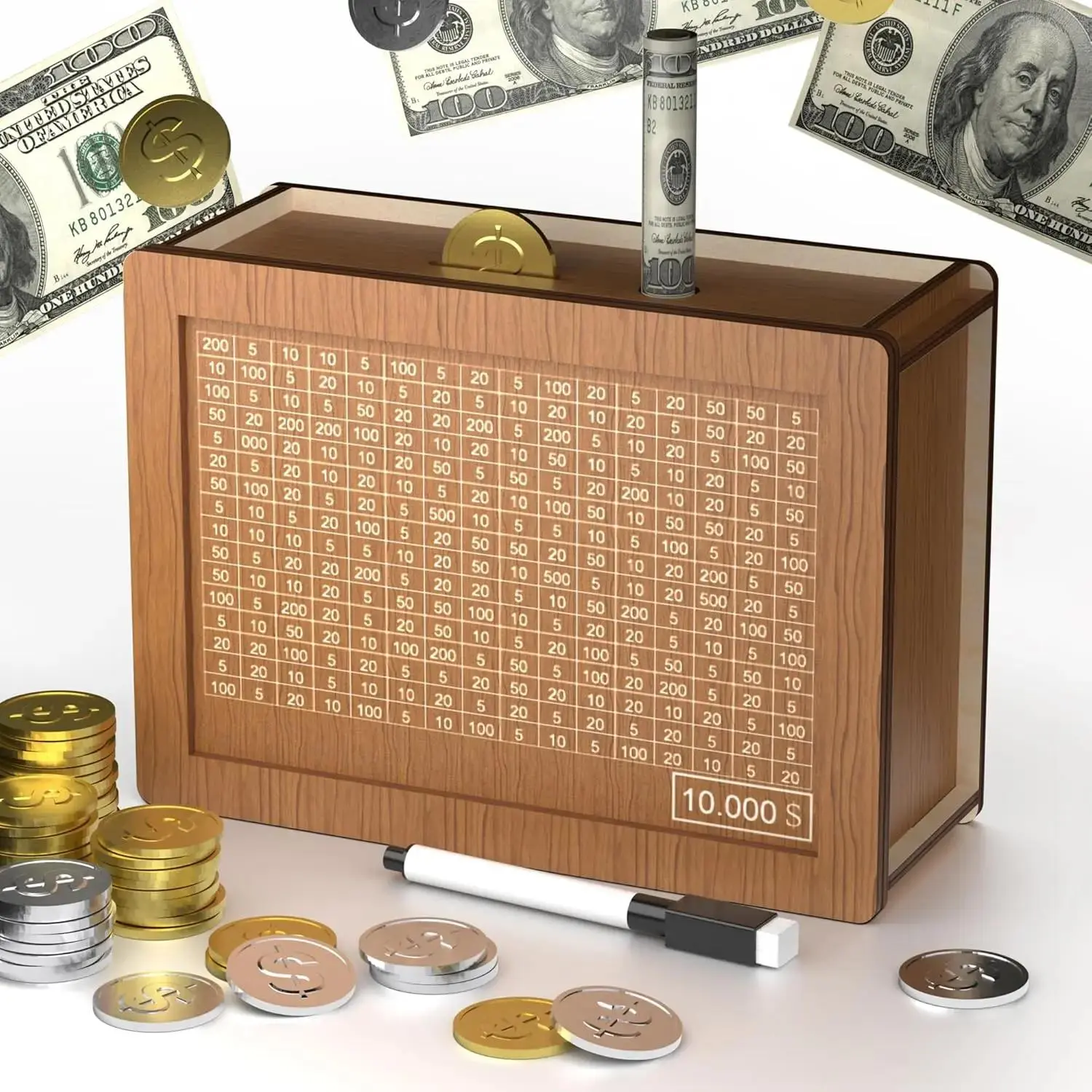 1PC $10,000 Savings Challenge Box - Wooden Cash Vault with Tracker & Erasable Pen | Kakeibo Coin Piggy Bank Money Saving Box for Christmas & New Year Financial Goals, Adults & Kids,  Viral Gift，Financial Planner, Money Storage Box