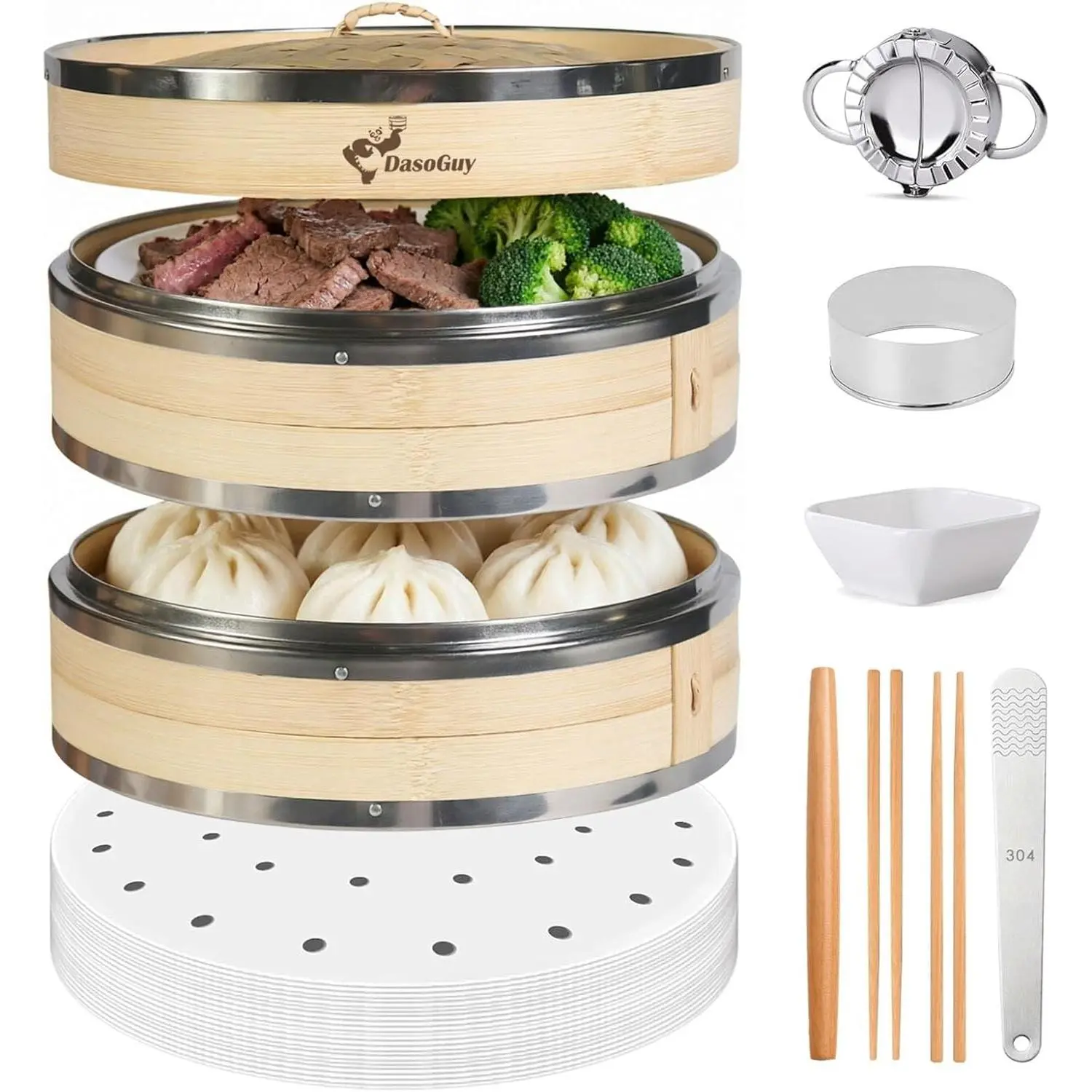 10-Inch 2-Tier Bamboo Steamer Basket Stainless Steel Reinforced Rim For Cooking Comes With 50 Liners Chopsticks Sauce Dish For Steaming Asian Food Bao Buns Dim Sum Rice Veggies