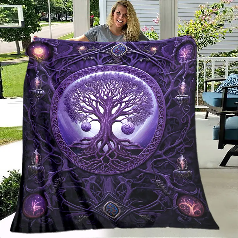 Purple Tree of Life Flannel Fleece Blanket, Mystical Celtic Inspired Tree Throw Blanket, Spiritual Fantasy Cozy Blanket for Bed Sofa Couch, Purple Witchy Home Decor Gift
