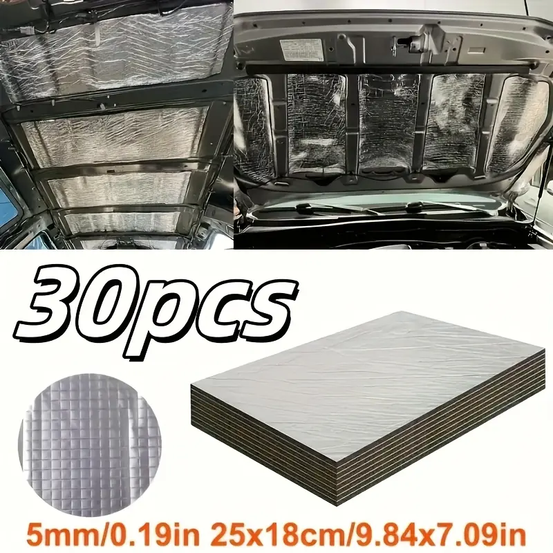 30pcs Heavy Duty Car Soundproof Heat Insulation Board- Self-Adhesive Heat Insulation Barrier for Doors, Engine Compartment and Roof- Heat Resistant Noise Reduction Fireproof Board with Peel and Stick Multi-Layer Heat Insulation Layer(No Tools/