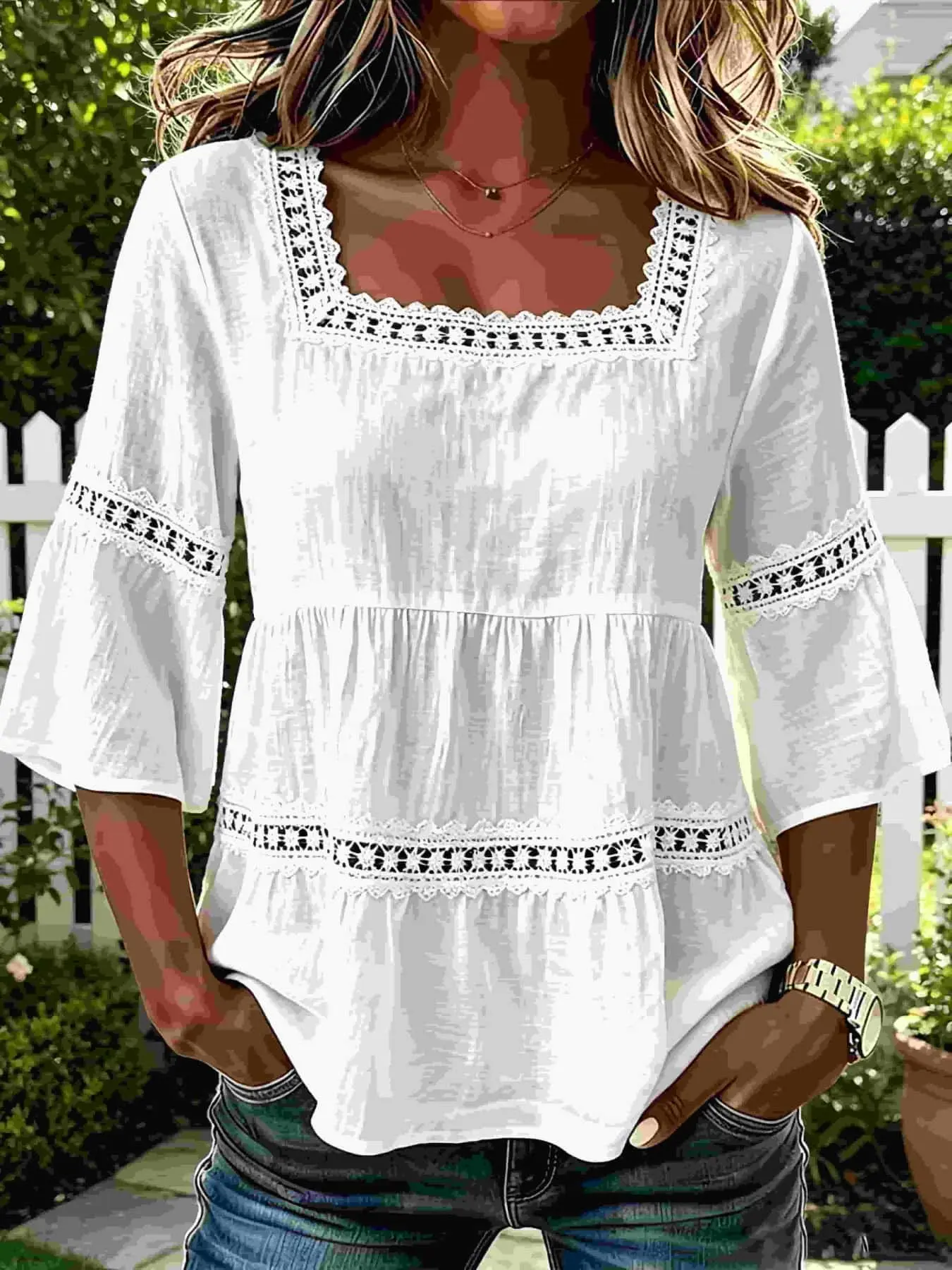 2026 New Summer Solid Color Casual Square Neck Cotton Linen Lace Trim Three-Quarter Short Sleeve Top for Women