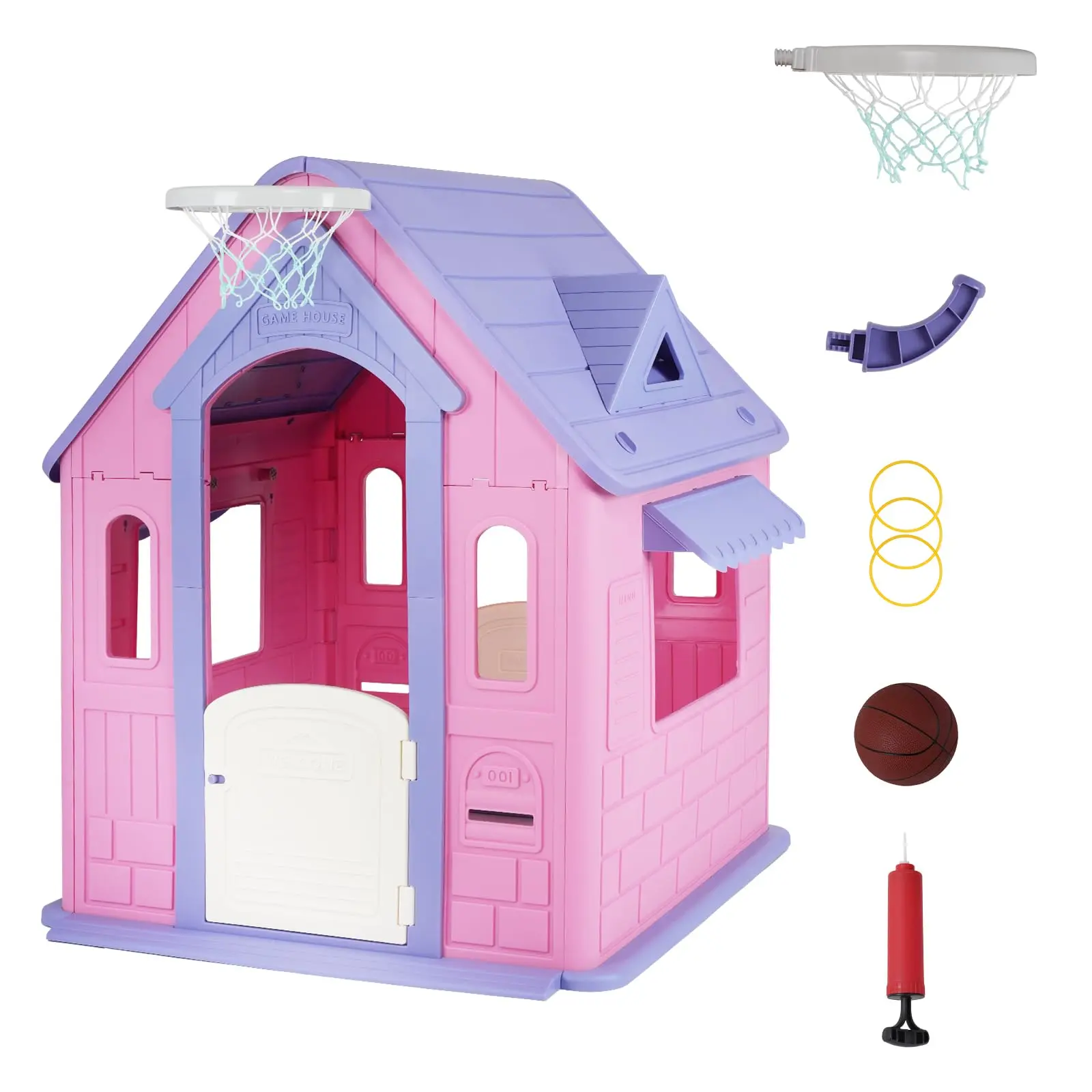 Kids Outdoor Playhouse Cottage, 5-in-1 Backyard Play Tent with Basketball Hoop, Ring Toss & Magnetic Darts. No Tool Assembly, Weather-Resistant, Foldable Storage. Indoor/Outdoor Toy for Boys Girls Ages 2+. Perfect Birthday Gift