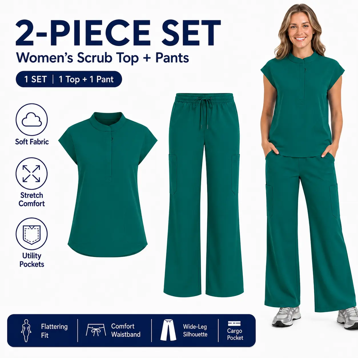 Women’s 2-Piece Polyester Scrub Set - Short Sleeve Stand Collar Top, Wide Leg Pants, Preppy Ring Accent, Green - Ideal for Christmas, Thanksgiving Workwear Uniforms, Cargo Pants