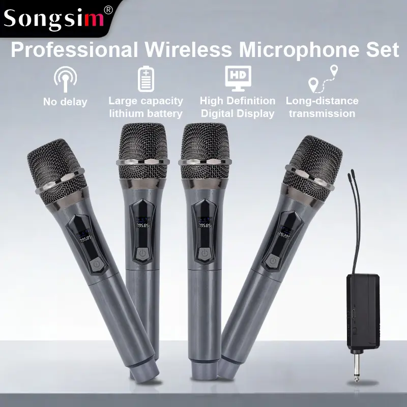 Wx108 Upgrade Wireless Microphone System, Four-Channel Handheld Mic, USB Charging, 1200mah Battery, 3.5mm Adapter, Ideal for Ktv, Parties, Church, Studio, Meetings