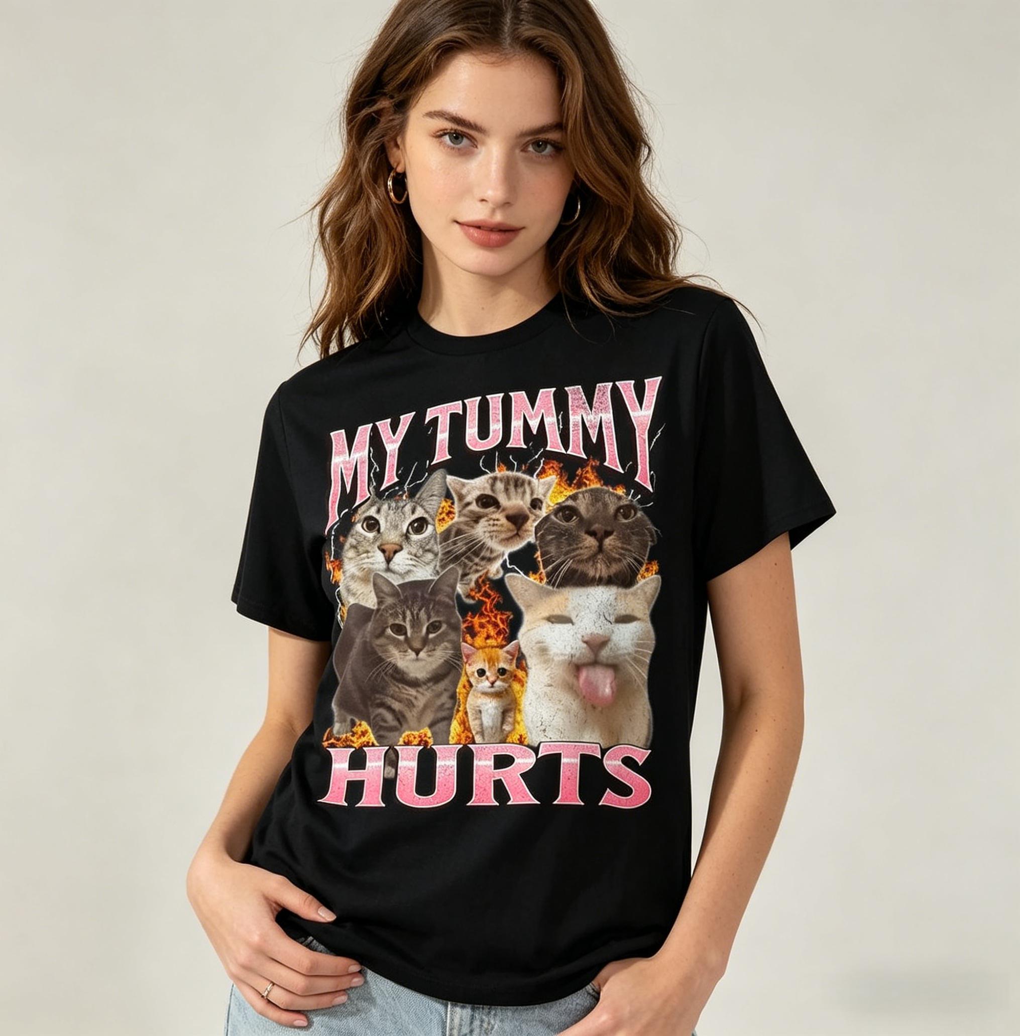 My Tummy Hurts Funny Cat Meme T-Shirt for Women, 100% Premium Cotton Retro Rock Graphic Tee, Oversized Y2K Streetwear, Custom Printed Cat Lover Top, Viral Trend Shirt