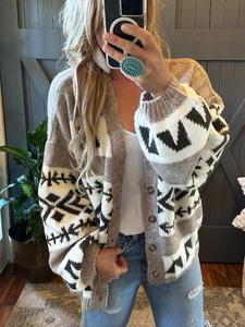 women's patchwork geometric print button front cardigan, casual elegant drop shoulder lantern sleeve knitwear for fall, womenswear tops, fashion ladies' knit clothing for daily wear, preppy 80s clothes