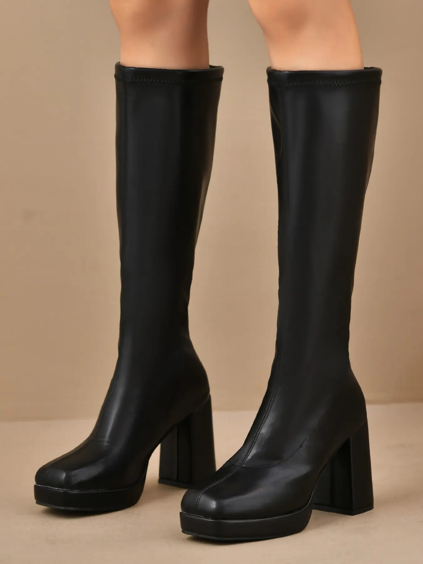 Women's Simple Square Toe Chunky Heel Knee-High Boots, Waterproof Thick Sole Height-Boosting Design, Fall Winter Fashion Shoes, Heeled Knee Boots