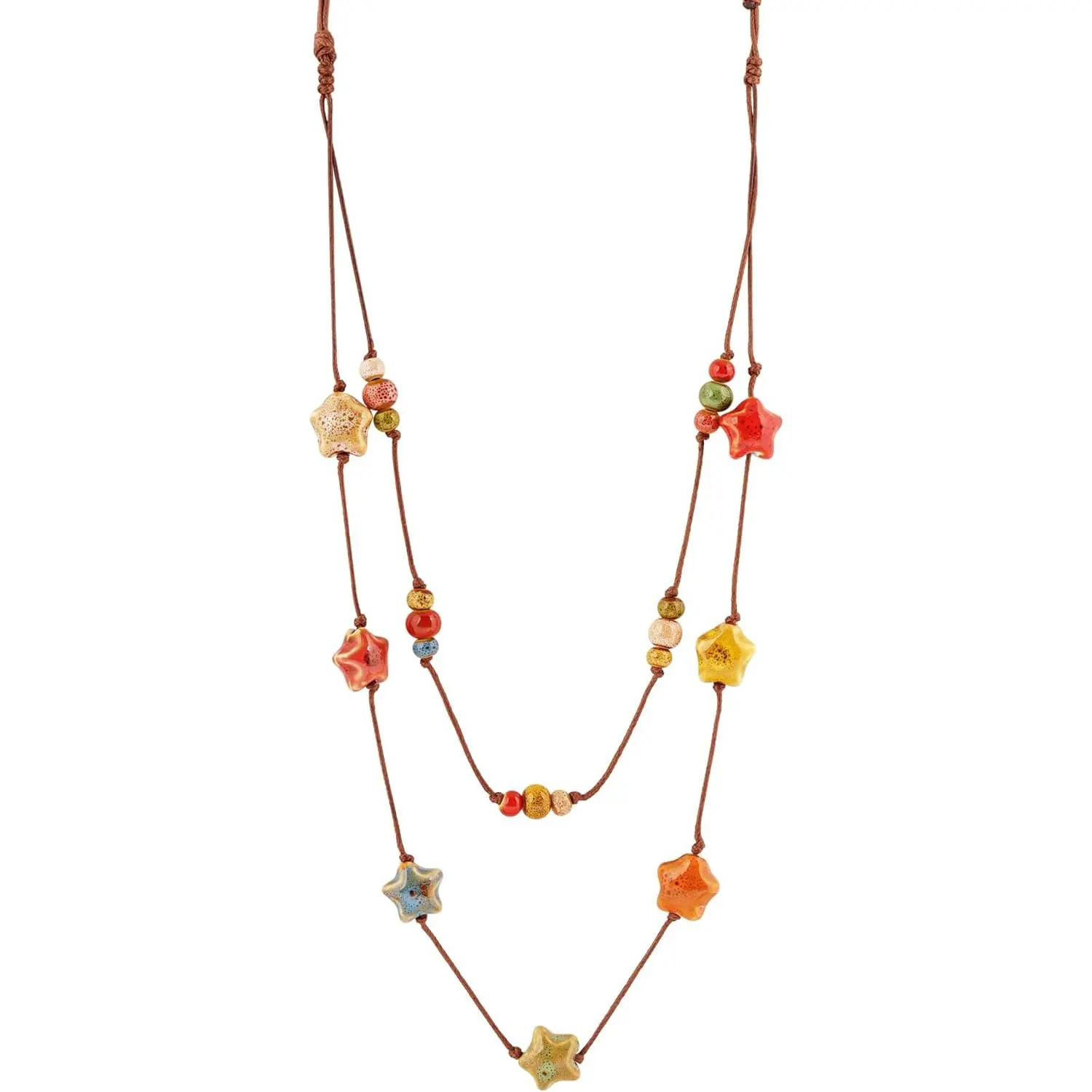 Hippie Boho Double Layered Colorful Ceramic Heart Round Bead Necklace, Bohemian  Gifts for Women