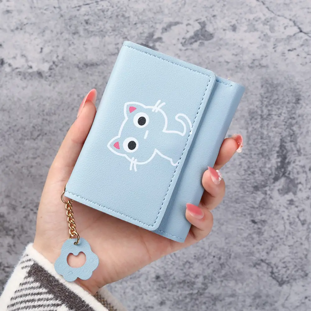 Faux Leather Trifold Wallet for Women with Coin Pocket, Cute All Over Cat Print Foldable Mini Purse with Anti-Theft Chain, Womens Gifts, Card Handling Women's Wallets