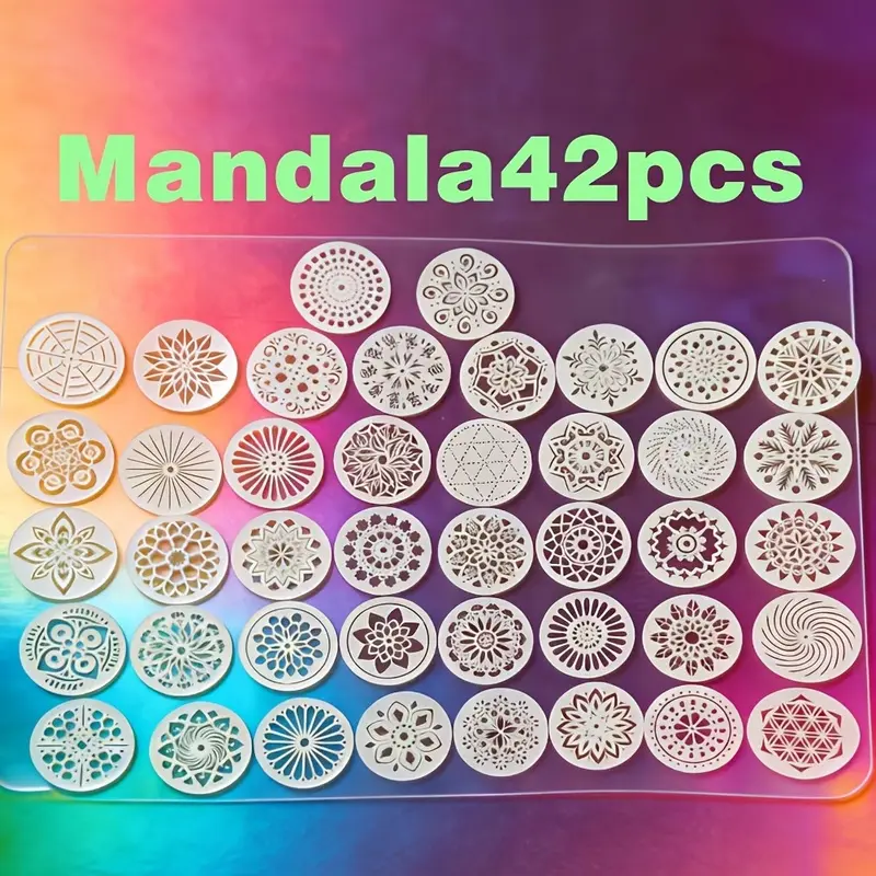 A set of 42 circular mandala pattern cutout templates, suitable for DIY rock art projects and furniture decoration.