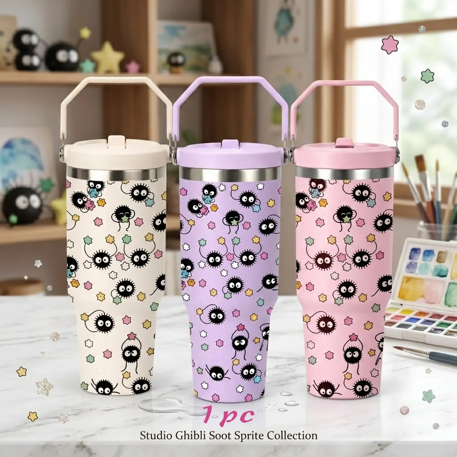 30oz Cute Cartoon Soot-Inspired Tumbler with Handle, Kawaii Black Sprite Pattern, Stainless Steel Insulated Travel Mug with Lid & Straw, Large Capacity Coffee Cup, Cute Gift for Women & Anime Lovers