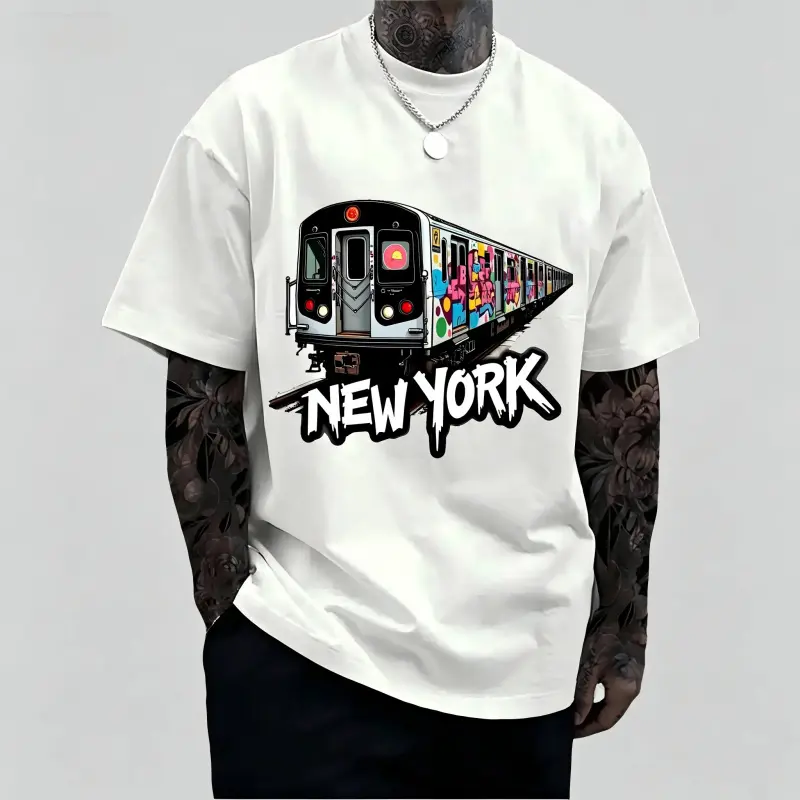Men's New York Subway Graffiti All Over Print Pure Cotton T-Shirt - Short Sleeve Crew Neck, Breathable Regular Fit Casual Top for Everyday Wear, Machine Washable