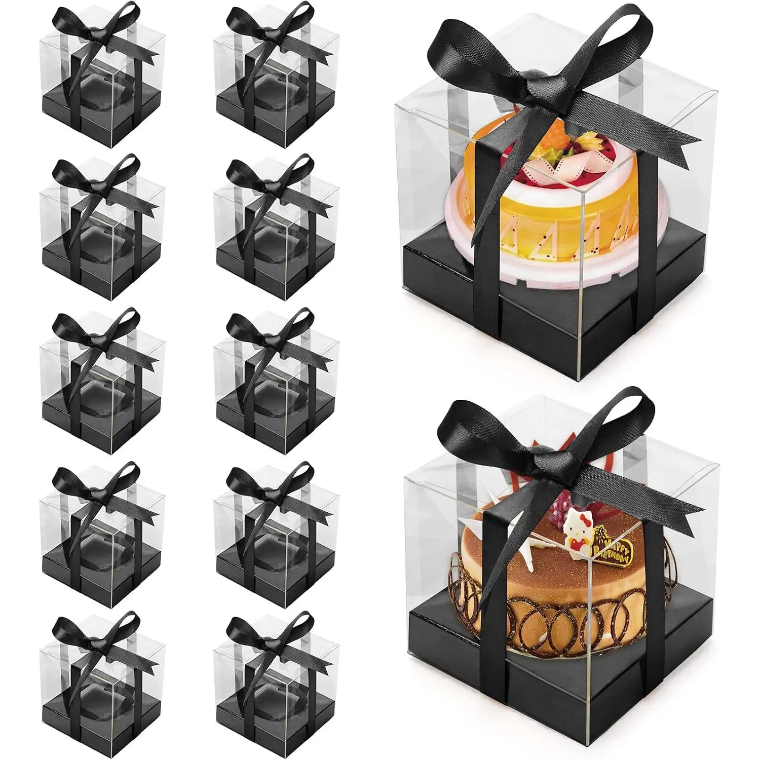 12 count Clear Cupcake Boxes 3.5 Inch Cupcake Containers (Black) | Disposable Cupcake Carrier Plastic Individual Cupcake Storage Holder with Ribbons and Inserts for Wedding, Birthday Party