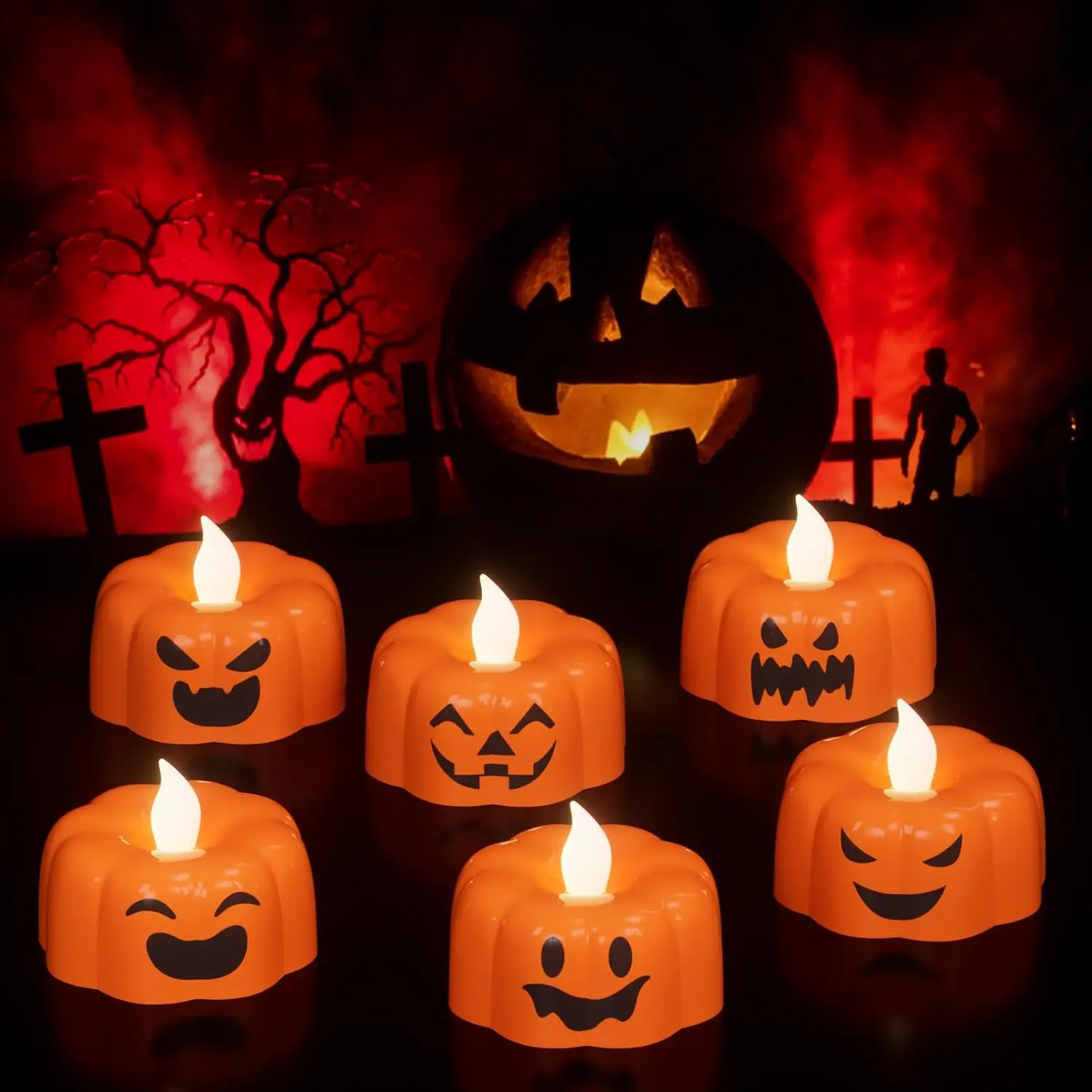 6-Pack Modern Decorative Plastic Pumpkin Theme Halloween Flameless LED Votive Tealight Candles, 6H Timer Operated, 200 Hours Long-Lasting, Flickering Spooky Design, Indoor Use Festive Decor