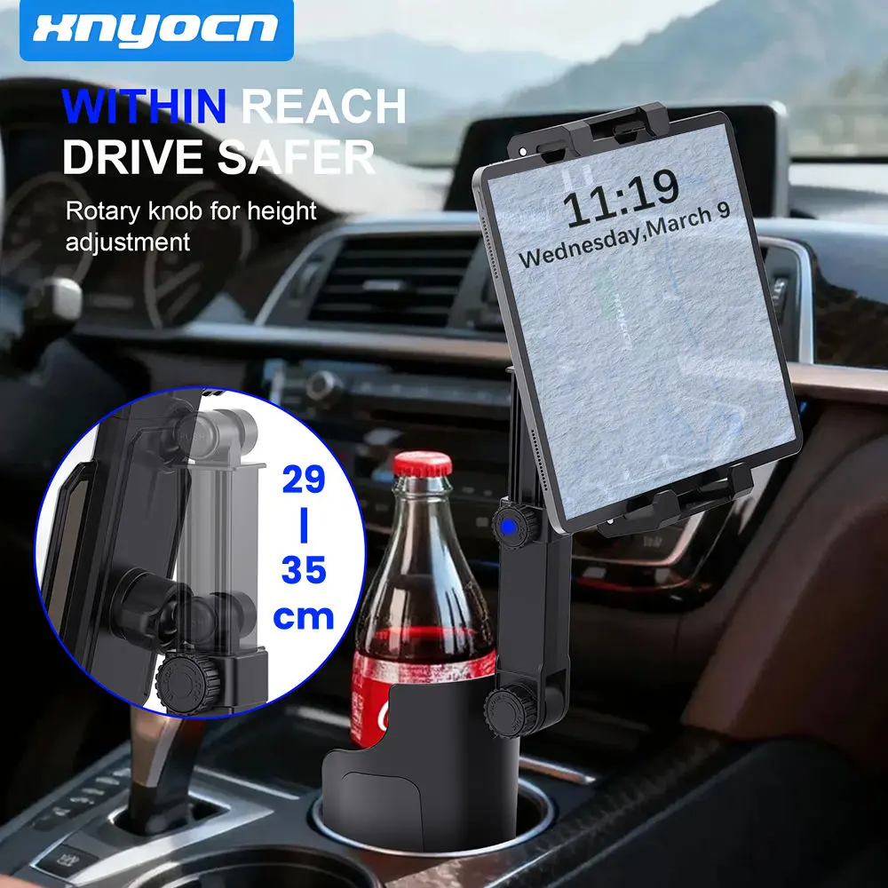 2-in-1 Cup Holder & Car Mount for Phone and Tablet with Adjustable Arm, Stable Anti-shake & 360° Rotation, Extendable Spring Clamp Stand for 4.7–14-inch Devices