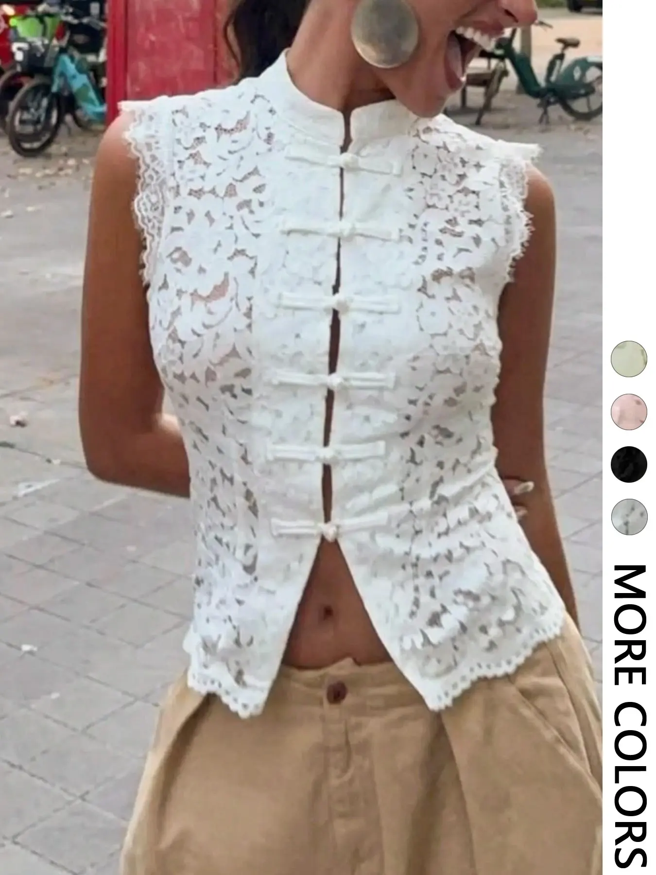 Women's Spring Summer Stand Collar Button Front Lace Vest, Floral Cut Out Hem, Lightweight Breathable Slim Fit, Casual Street Style Top