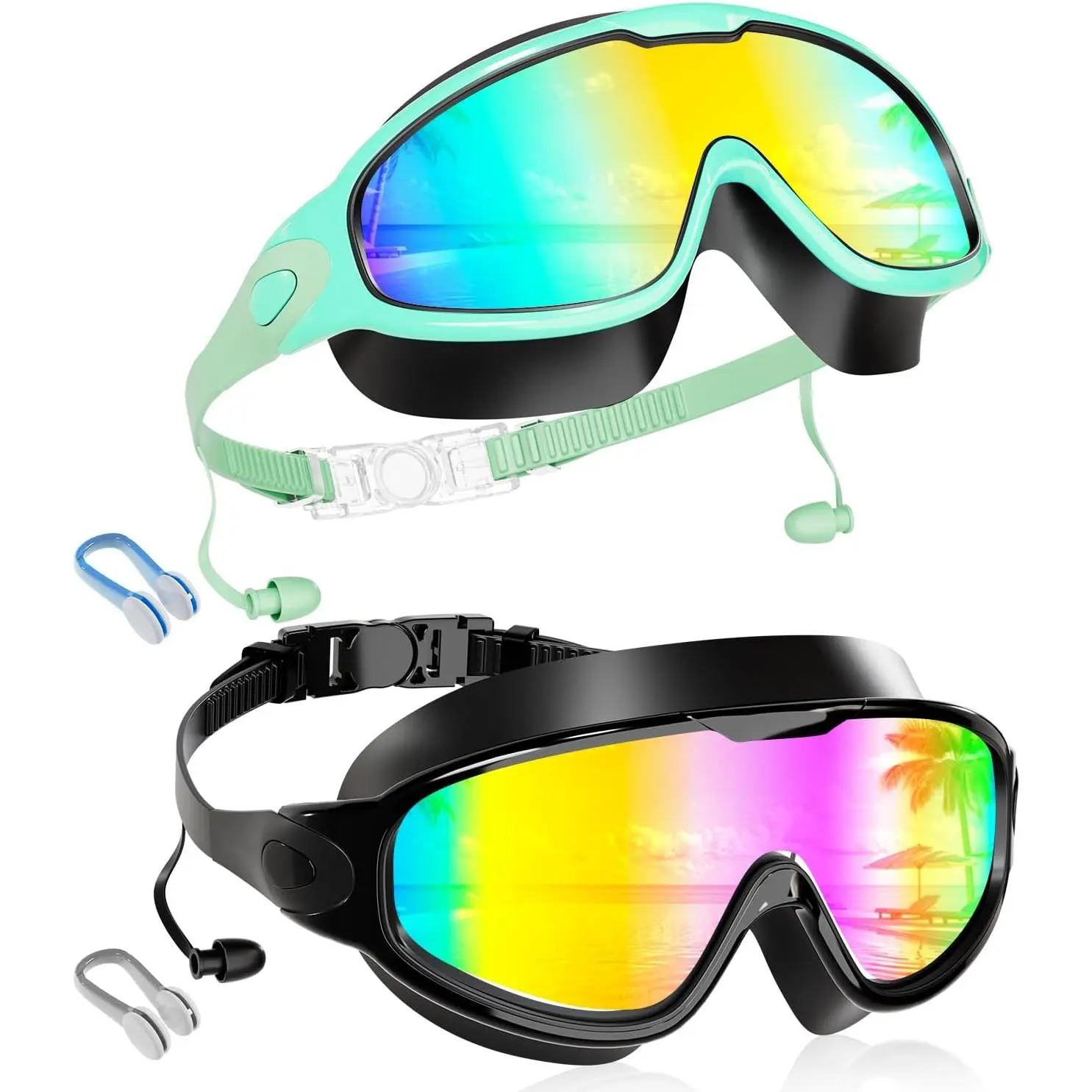 Kids 2 Pack Wide View Swim Goggles, Anti-Fog/UV No Leak Swimming Goggles with Ear Plugs for Ages 3-14