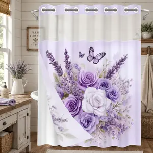 1 PC No Hook Double Layer Shower Curtain, Lavender Purple Rose & Butterfly Print Bath Curtain, Removable Snap-in Liner & Top See-Through Window, Waterproof Mildew Resistant, Machine Washable Durable Fabric, Elegant Floral Bathroom Partition Curtain 71"×