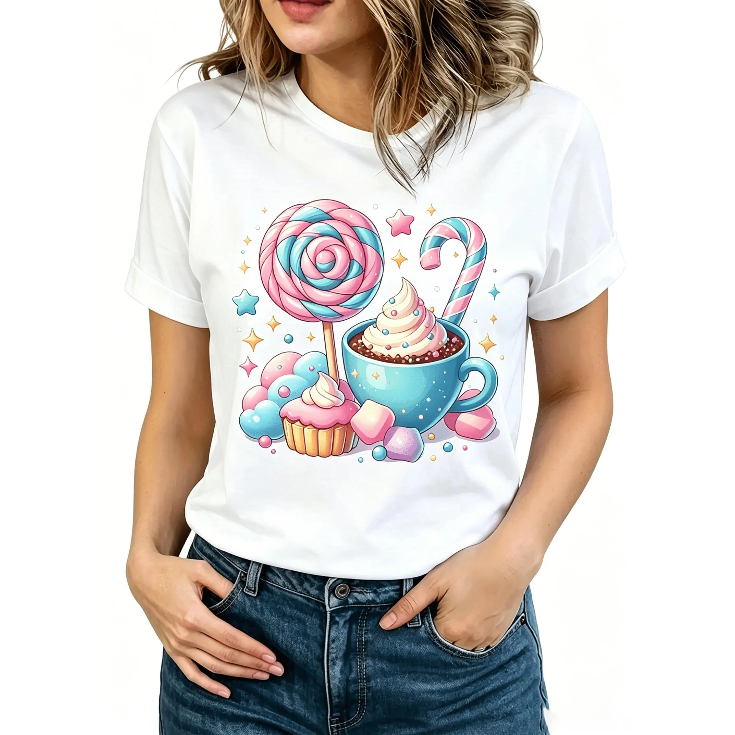 Women's Candy Theme Short-Sleeve Cotton Knit T-Shirt - Soft Cupcake, Lollipop & Sprinkle Prints, Pastel Blue Sweet Design, Round Neck Casual Summer Top, Suitable for Theme Parties & Daily Wear, Machine Washable Comfortable Fit, Shortsleeve, Fabric, Chic,