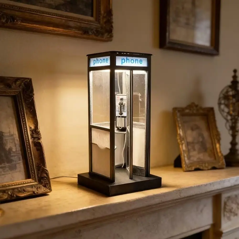 Vintage Phone Booth Table Lamp, Mini Creative Desktop Craft, Home Decor Ornament, Gift Collection, Retro Style Desk Light, Decorative Light