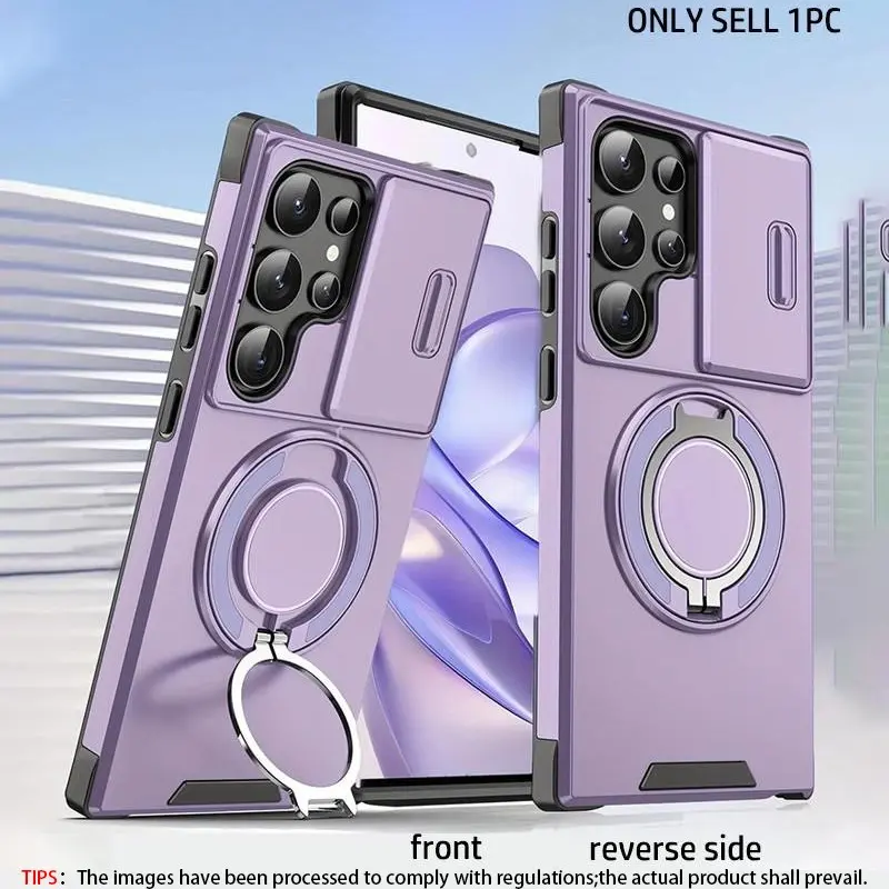 Phone Case with Sliding Camera Cover for Samsung Galaxy S26 S25 S24 S23 S22 S21 Ultra 24 S23 S22 Plus S23FE S20FE A55 A5 A16 A15 A14 A06, 360° Rotating Ring Phone Cover, Car Magnetic Bracket, Matte Texture Shock-Absorbing Protective Phone Case Casing