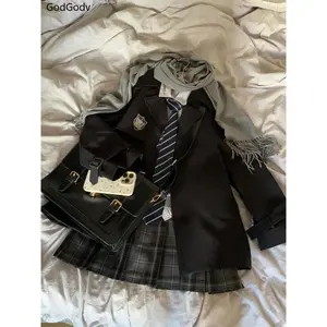 Spring JK Style School Uniform Design Woman Suit Preppy Blazer Plaid Skirt Vintage Korean Style Female  3 Piece Sets Outfits