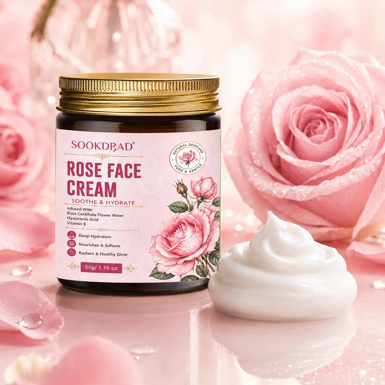 Rose Face Cream, infused with Rosa Centifolia Flower Water, Hyaluronic Acid, Vitamin E, soothe and hydrate, Moisturizing, deep hydration, nourishes and softens, radiant and healthy glow, for face, natural skincare,