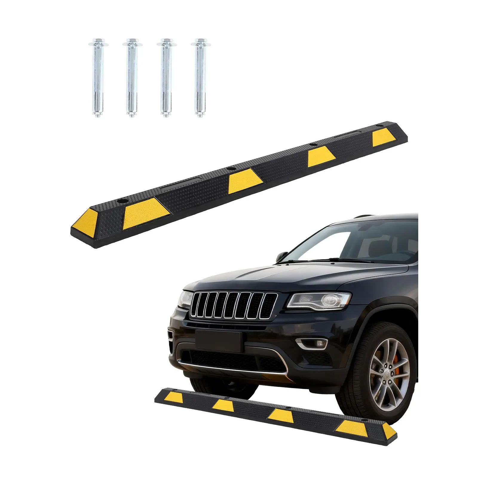 Heavy Duty Rubber Car Parking Stopper 2-Pack, 72 Inch – High-Visibility Yellow Reflective Stripes, 6FT Parking Stopper for Cars, Trucks, SUVs, Rubber Stopper and Curb for Garage & Commercial Lot