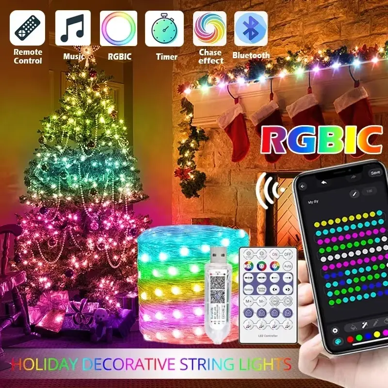 RGB Smart IC String Lights Indoor [APP & Remote Control],  Multicolor Fairy Lights, USB Powered & IP65 Waterproof, Music/Voice Sync, Fairy String Lights for Christmas, Color Changing USB Fairy Lights Music & MicParty