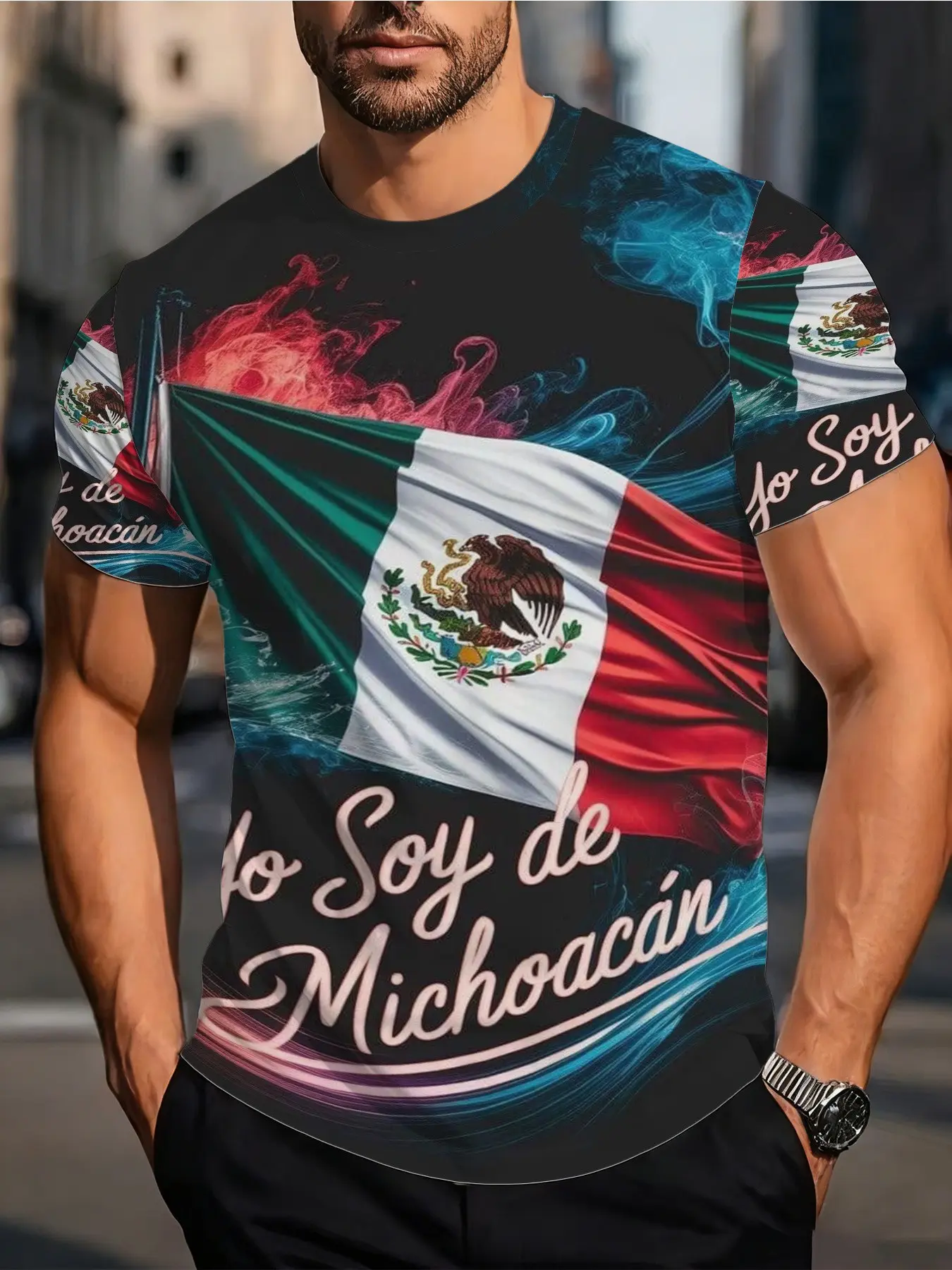 Men's Mexican Flag Smoke Print Short Sleeve T-Shirt, Yo Soy De Michoacán Patriotic Casual Top, Loose-Fit Long Sleeve Tee