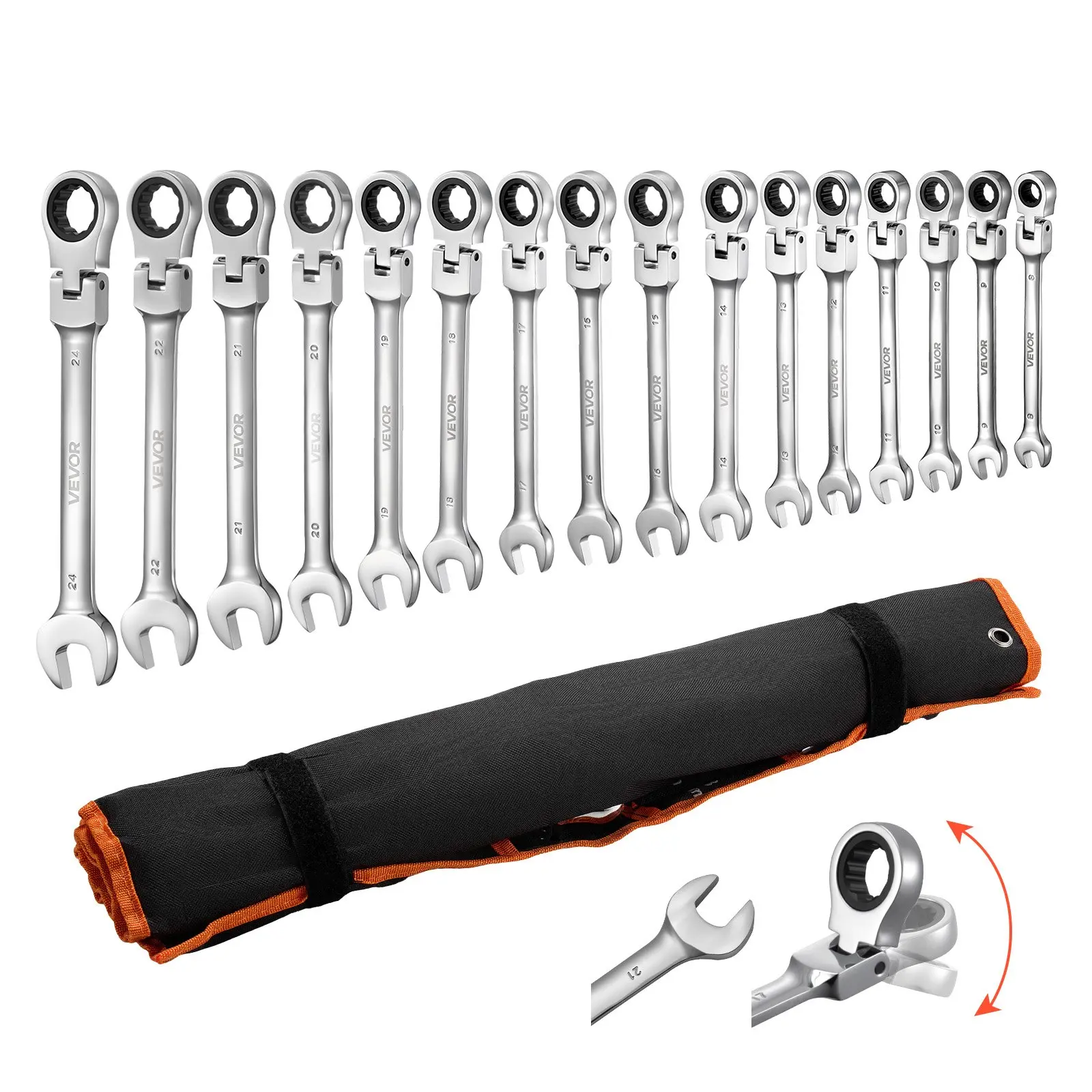 VEVOR Flex-Head Ratcheting Wrench Set, 30-Piece SAE and Metric, 72 Teeth, Cr-V Steel Ratchet Flexible Combination Wrench Set with Roll Up Pouch, for General Household and Automotive Repairs, Silver