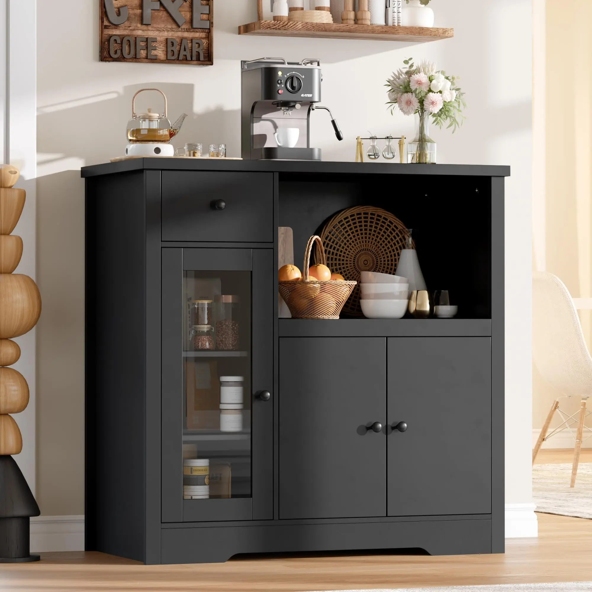 🍽️ Garvee Compact Microwave Cabinet with Glass Door & Drawer – Modern Sideboard Storage for Small Kitchens, Coffee Bar & Dining Room! 🏡✨