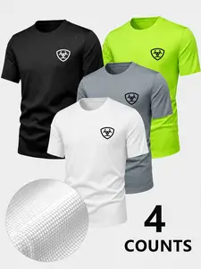 4-Piece Short Sleeve T-Shirts Set, Gym Training, Running, Outdoor Cycling, Men's Sporty Casual, Shield Letter Logo, Breathable Quick-Dry Mesh Fabric, Unisex