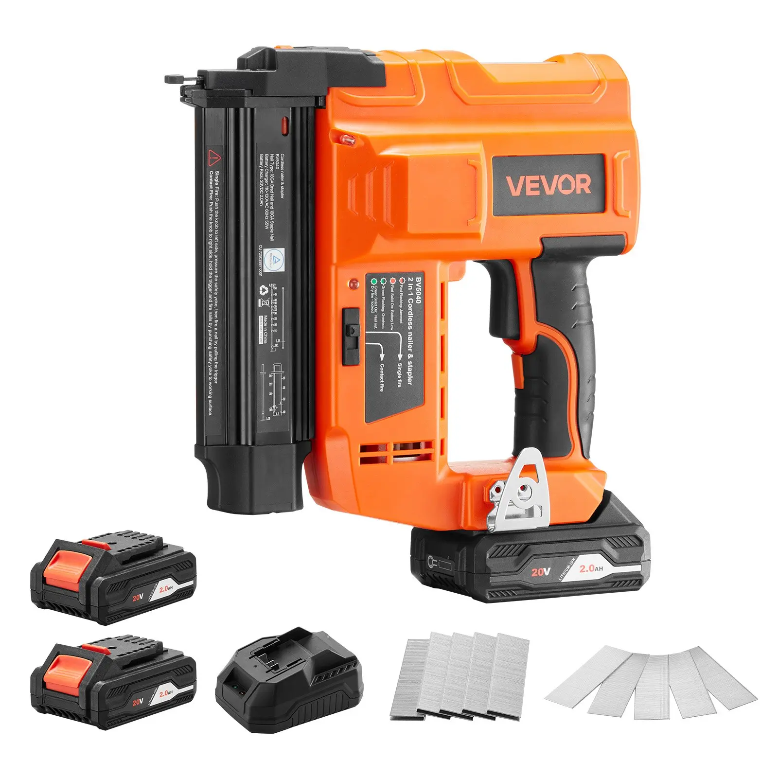 VEVOR 2-in-1 Cordless 18 Gauge Brad Nailer-Staple Gun, 20V Power Pack with 2x2.0 Ah Li-ion Batteries + Charger, 500pcs Nails, 500pcs Staples, Jam Warning, for Indoor Furniture Woodworking Home Improvement Tasks