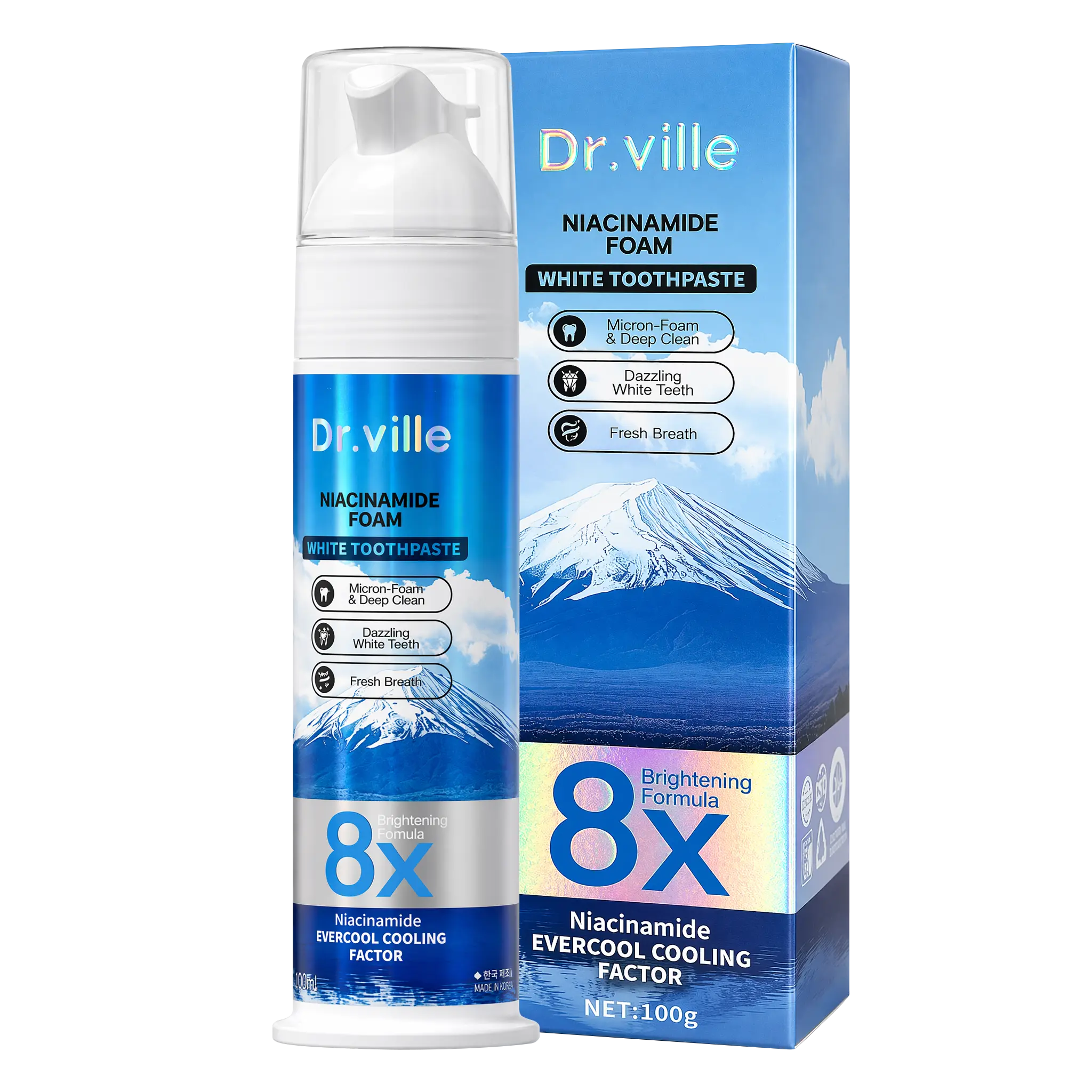 Dr.Ville Teeth Whitening Toothpaste - 8X Niacinamide Foam White Toothpaste with Evercool Cooling Factor for Stain Removal & Fresh Breath - 100ml - Oral-A