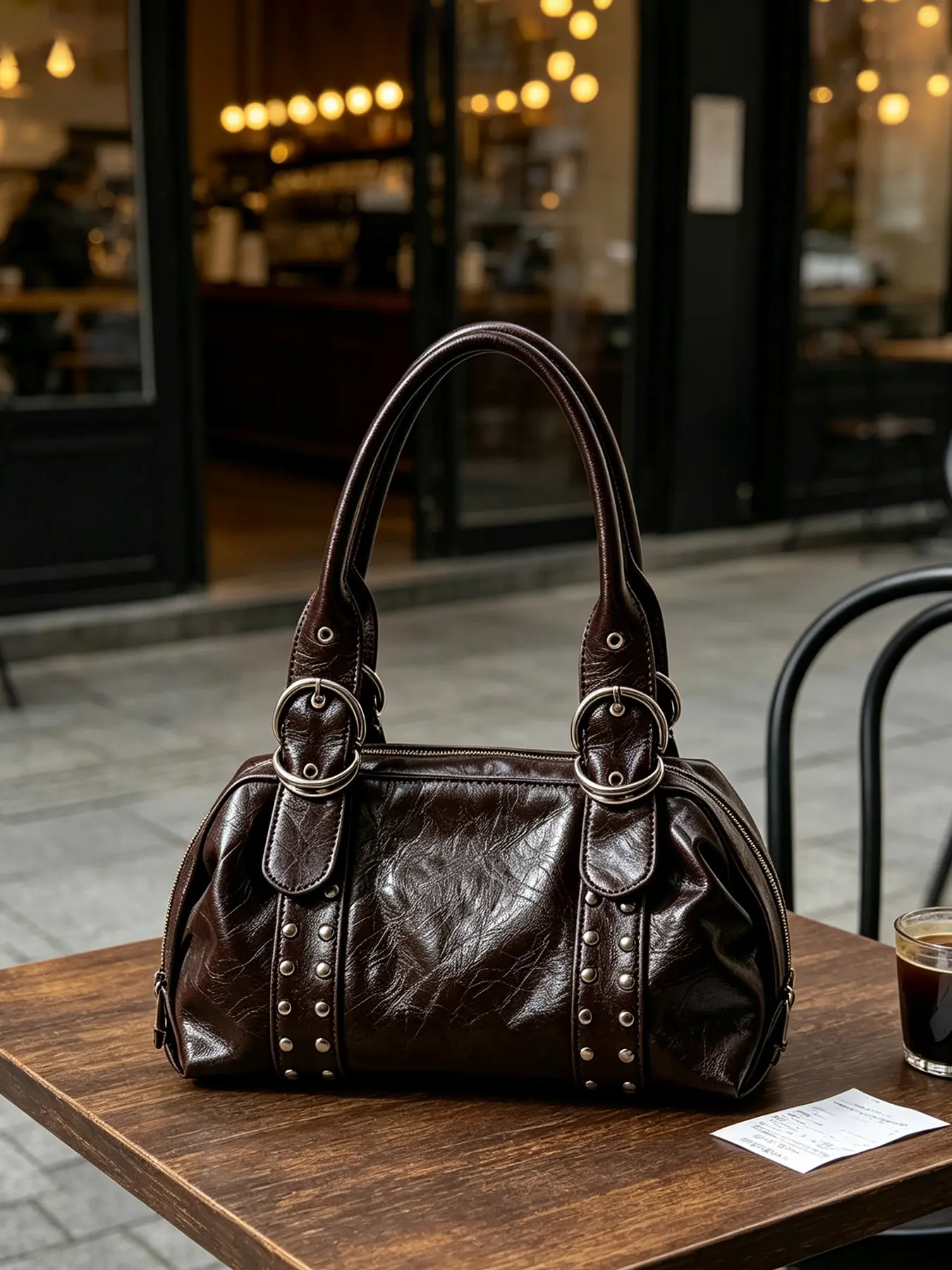 1pc Studded Leather Handbag, Vintage Moto Bowling Shoulder Purse, Top Zip Closure, Metal O-Ring Handles & Side Rivet Accents, Ideal for Women Trendy Daily Outfits