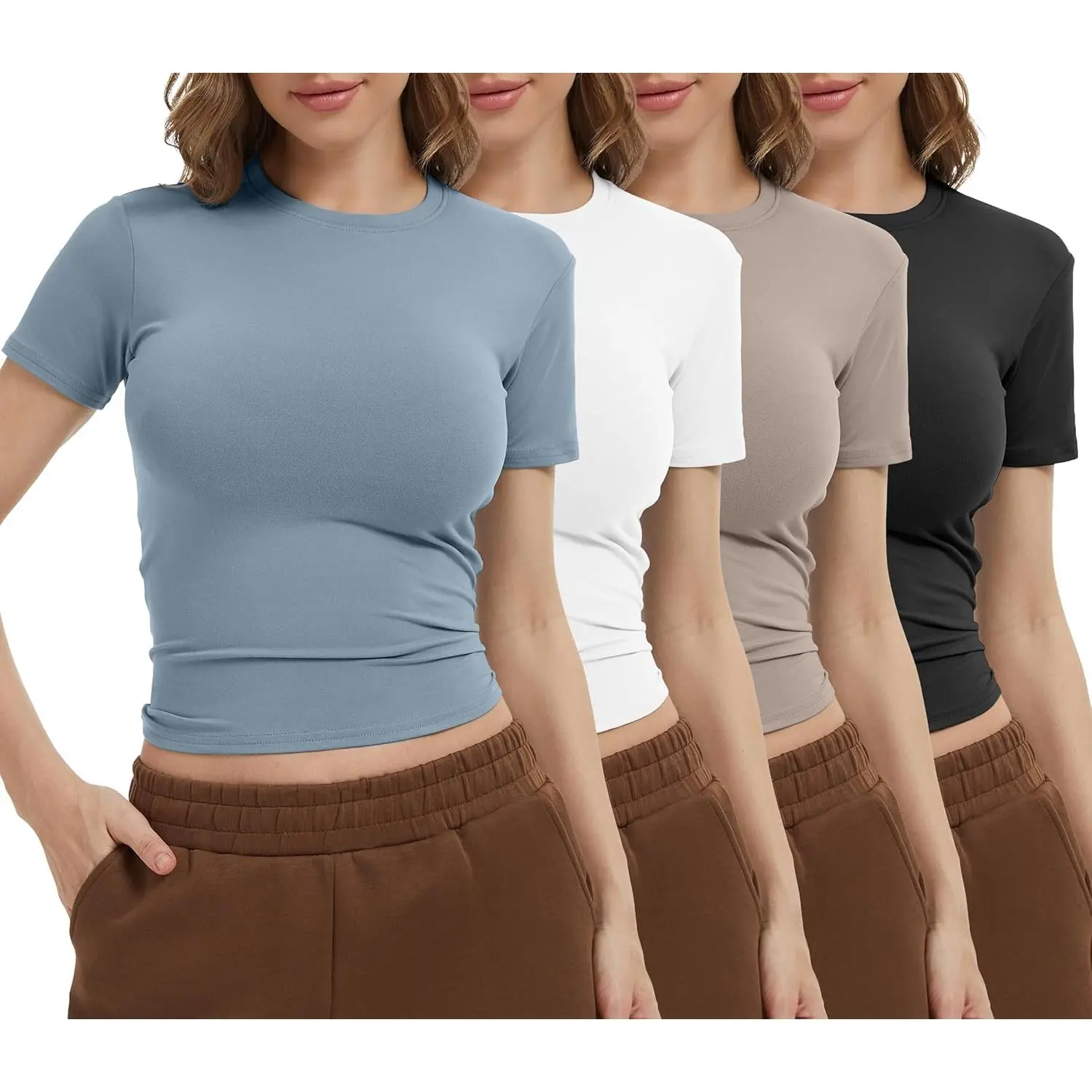 4 Pack Women's Workout Shirts Compression Short Sleeve Crew Neck Running Yoga Gym Athletic Fitted Crop T-Shirts Top
