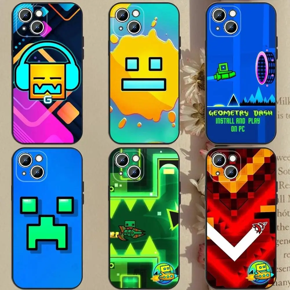 Black Soft Silicone Shockproof Geometry Dash Phone Case - Protection Casing for iPhone 11-17 Pro Max/Plus, Samsung Galaxy S23-S25, Personalized Mobile Accessories for Handheld Cellphone Devices