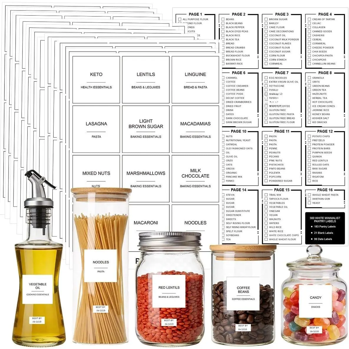 300 count Pantry Labels for  Containers, Preprinted Minimalist  Stickers Removable White Kitchen  Labels Expiration Date Labels for Organizing Storage Bins Jars Bottles Boxes