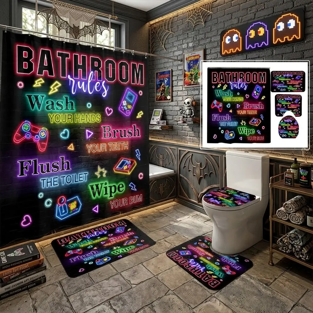 4pcs Neon Game Controller Printed Shower Curtain Set, Retro Gamer Bathroom Decor, Arcade Quote Print, The floor mat fabric is thicker and softer! Perfect for Christmas & Gaming Themes