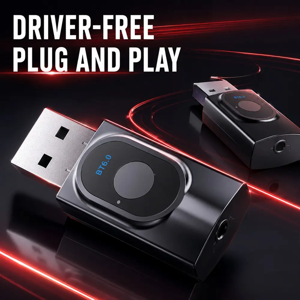 Bluetooth 6.0 2-in-1 Transmitter Receiver, Low Latency USB Audio Adapter with 3.5mm AUX Jack Port, 15m Stable Transmission for TV, Car Stereo, Home Speakers, PC & Bluetooth Headphones