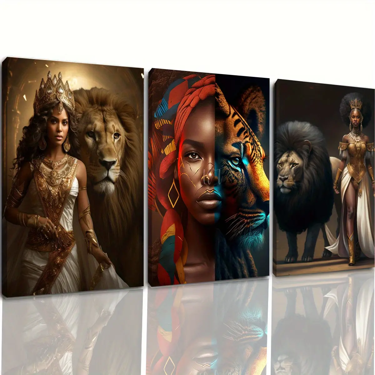 2D flat,3-piece set of canvas prints featuring African jungle girls and animal fantasy, modern popular theme wall art for interior decoration, suitable for Easter, Valentine's Day, Carnival, and holidays