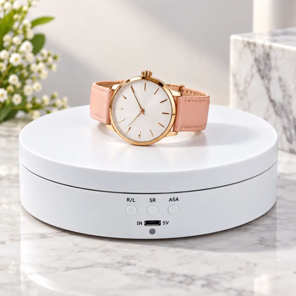 Versatile Motorized Rotating Display Turntable, adjustable 45, 90, 180 and 360 degree display modes, three rotation speeds, 3 kg load capacity, rechargeable 5V USB power, for jewelry, models and product photography, compact and convenient equipment fo