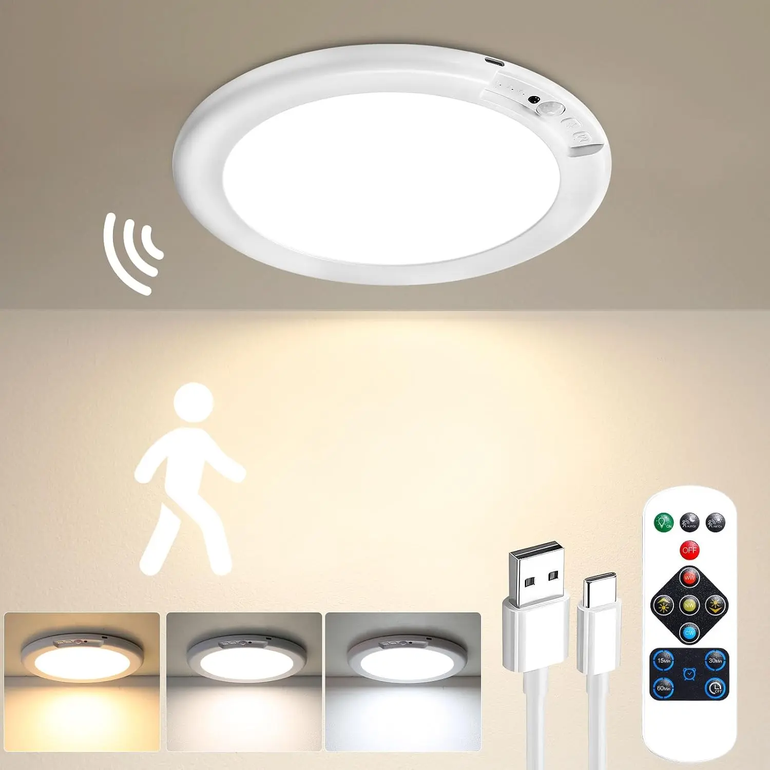 Rechargeable 8000mAh Motion Sensor LED Ceiling Light - Wireless Magnetic Base Lamp with Remote On/Off, Includes Cable for Closet, Stairs