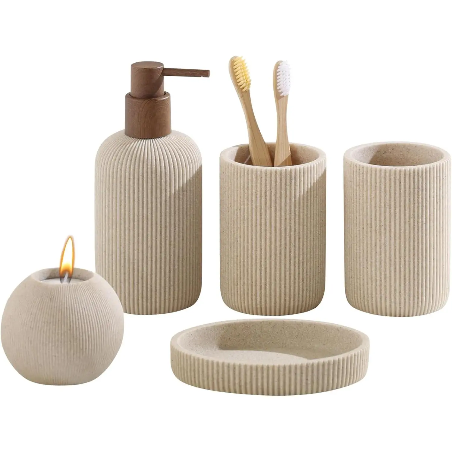 Bathroom Accessories Set, 5 PCS Sandstone Look Stripe Modern Bath Organizer with Soap Dispenser, Toothbrush Holder, Tumbler, Soap Dish, Candle Holder for Countertop Kitchen Sink (Beige)