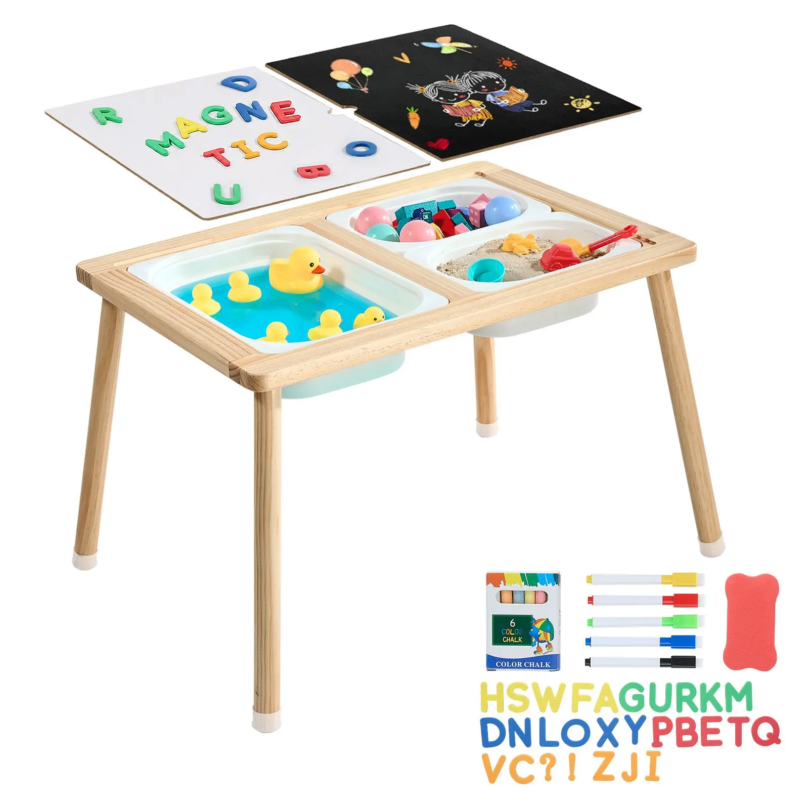 【toolupgrade】VEVOR Sensory Table for Toddlers, Wooden Kids Activity Table with Reversible Double-Sided Board, Storage Bins, and Non-Slip Feet, for Boys and Girls Playing Sand and Water, Drawing, Studying, Dining